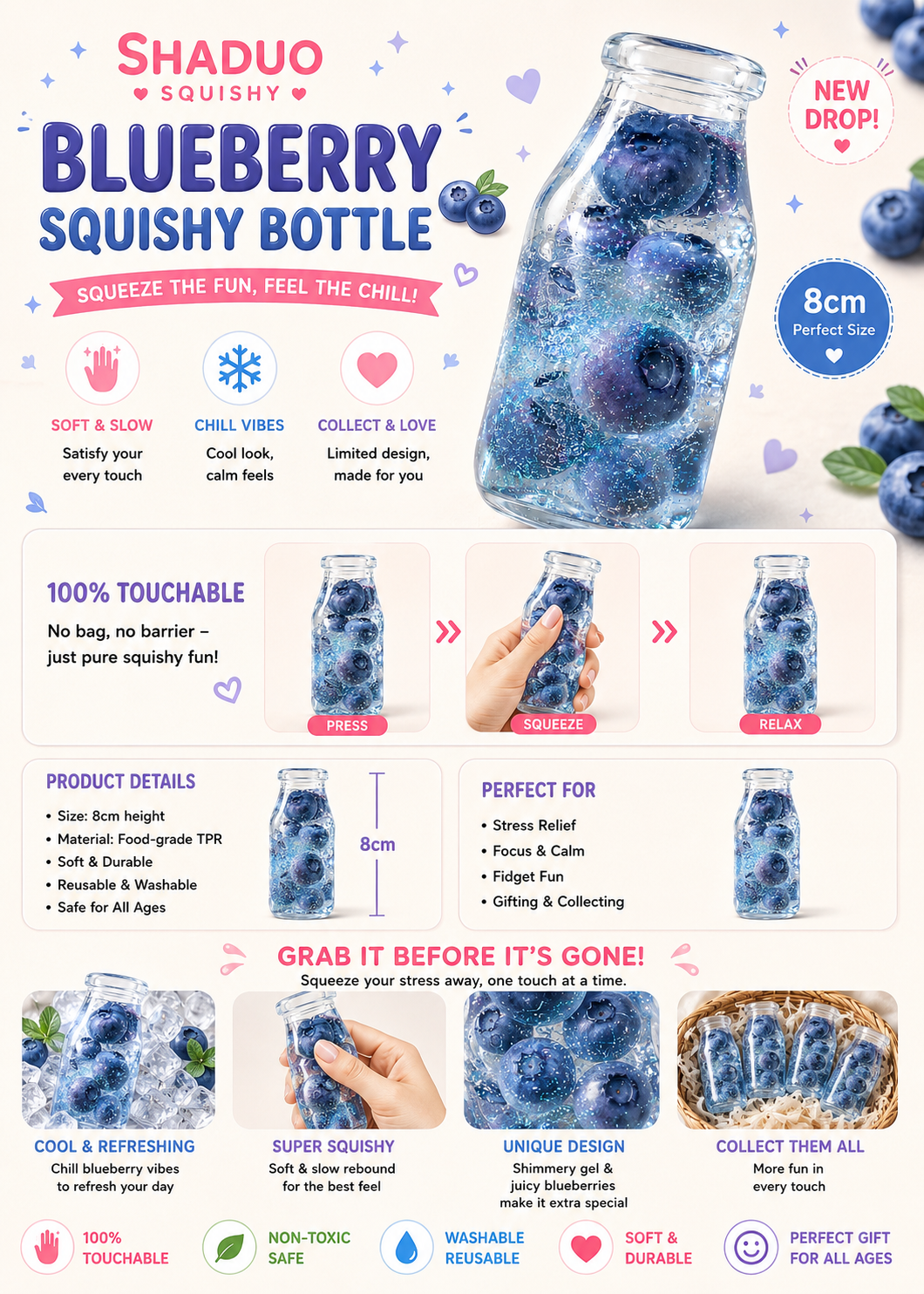 [Touch Me] Sparkling Blueberry Milk Bottle Gel Squishy (Vaseline texture)