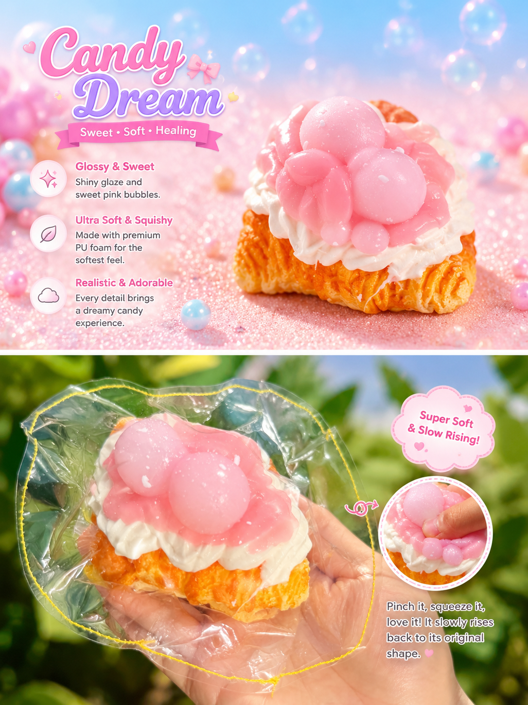 [Candy Dream] Pink Berry Cream Croissant Squishy