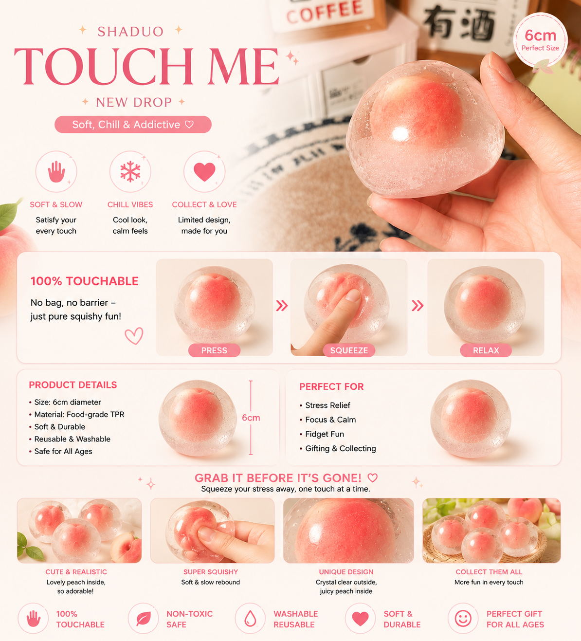 [Touch Me] Soft Pink Peach Crystal Water Drops Squishy ball
