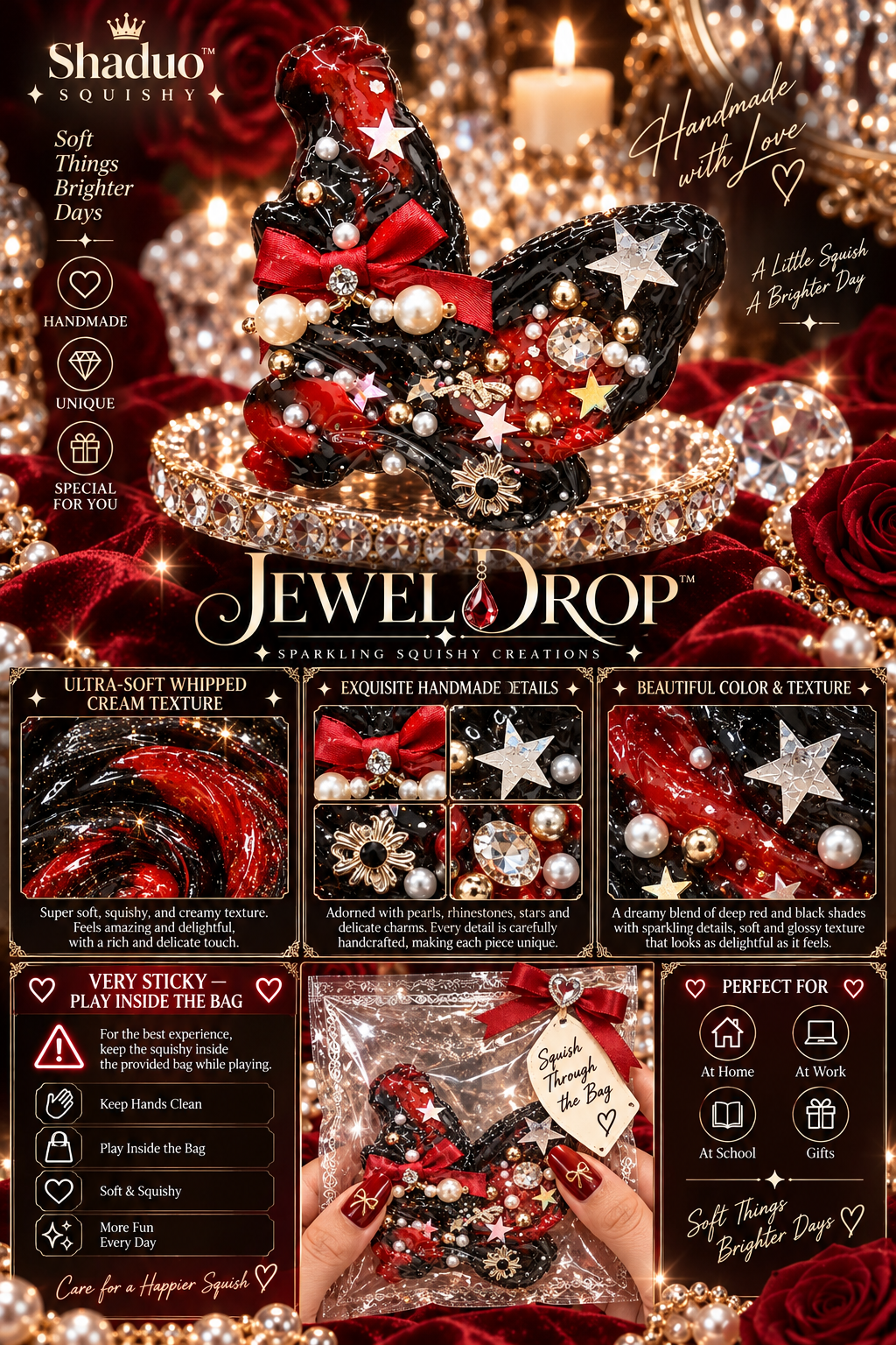 Jewel Drop Series - Crimson Velvet Bow Butterfly Squishy