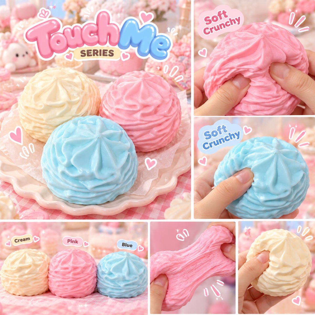 Cream ball squishy being squeezed, showing soft crunchy texture and stretch