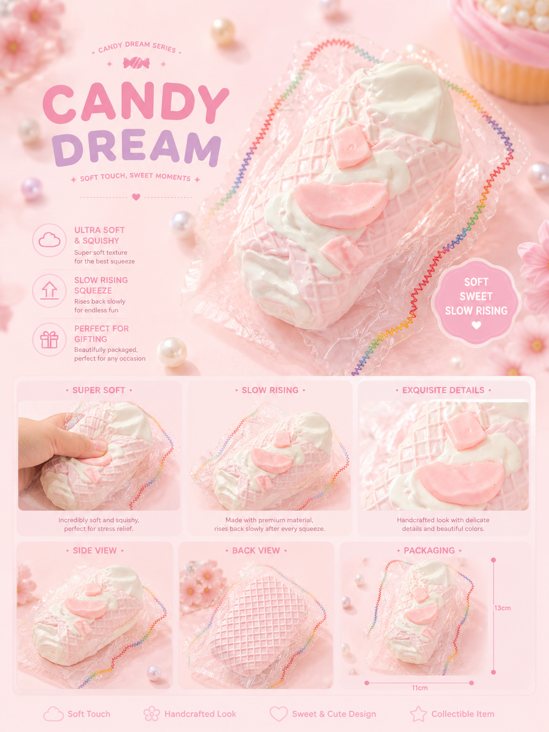 Pink Waffle Ice Cream Roll Squishy