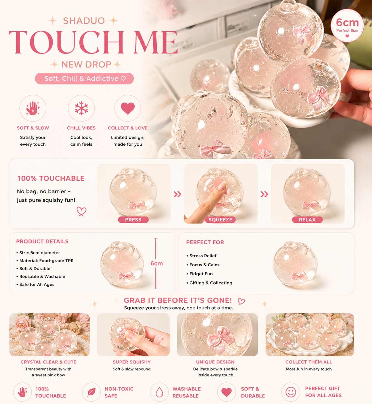 [Touch Me] Coquette Pink Ribbon Bow Clear Ball Squishy