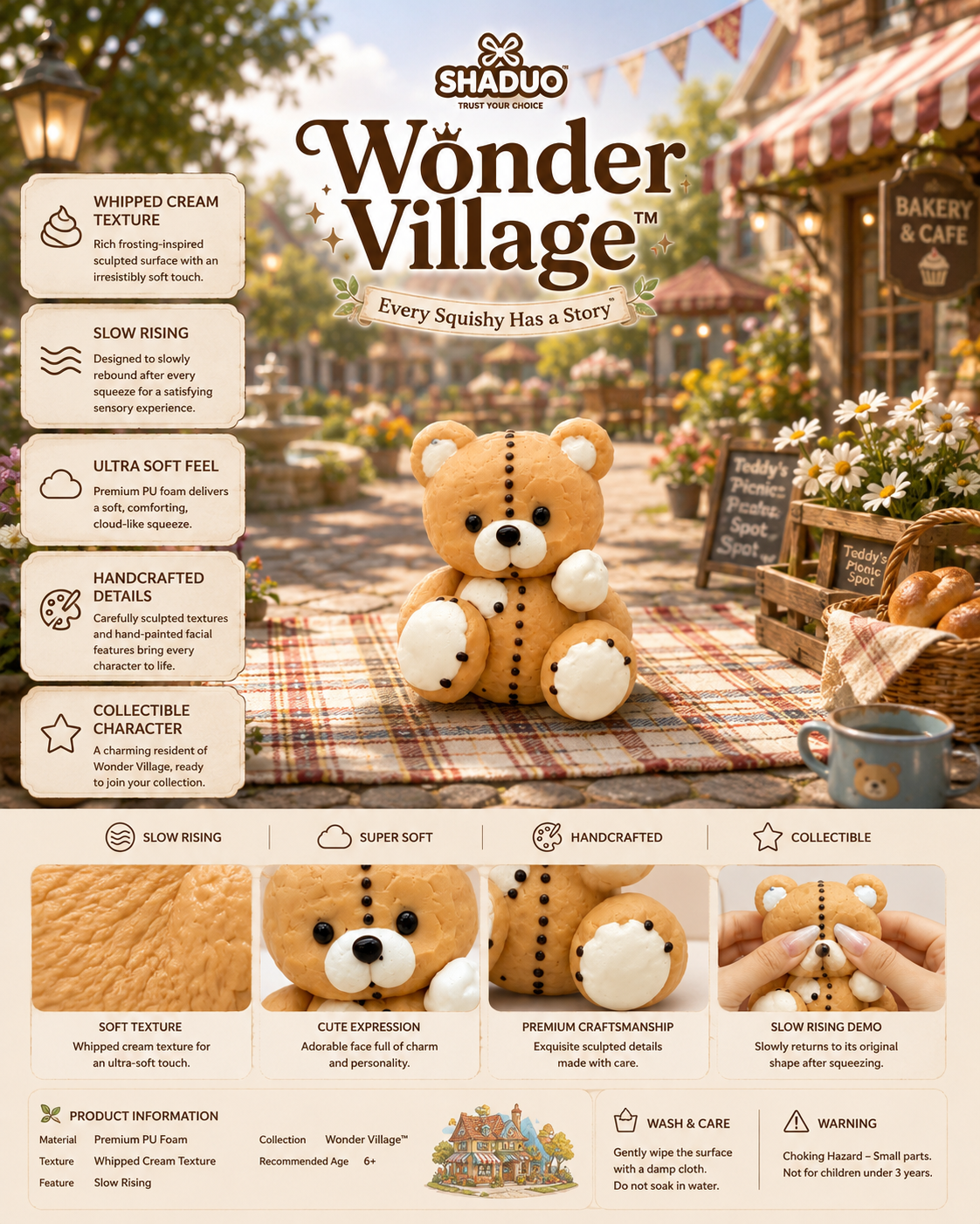 Wonder Village - Handmade Patchwork Bear Whipped Cream Squishy Toy