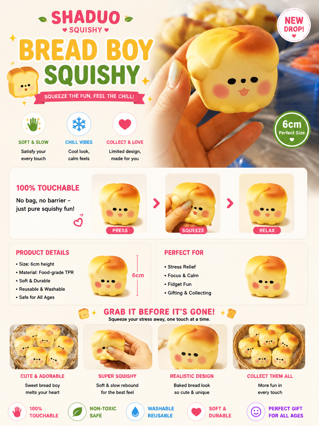 Touch Me Series - Cute Golden Toast Dog Squeezable Toy(soft butter texture)