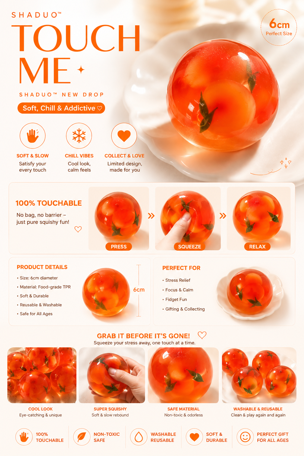 [Touch Me] Golden Amber Orange Jelly Ball Squishy