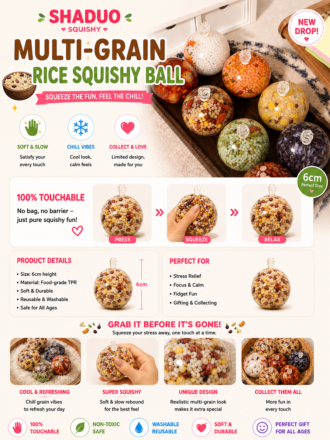 Touch Me Series - Handmade Crunchy Grain Orb Squishy!(coconut oil rice texture)