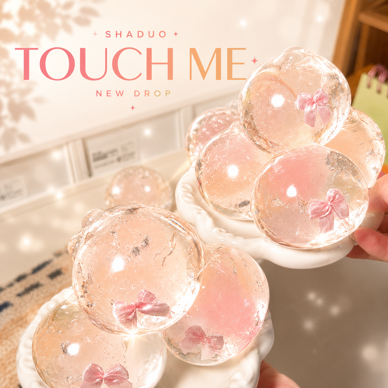 [Touch Me] Coquette Pink Ribbon Bow Clear Ball Squishy