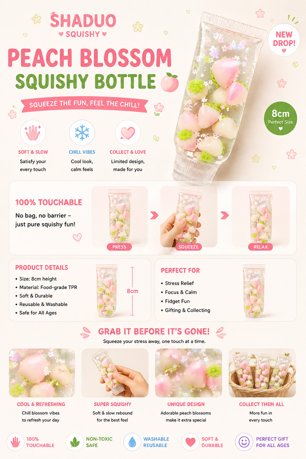 [Touch Me] White Peach & Sakura Tube Gel Squishy (Vaseline texture)