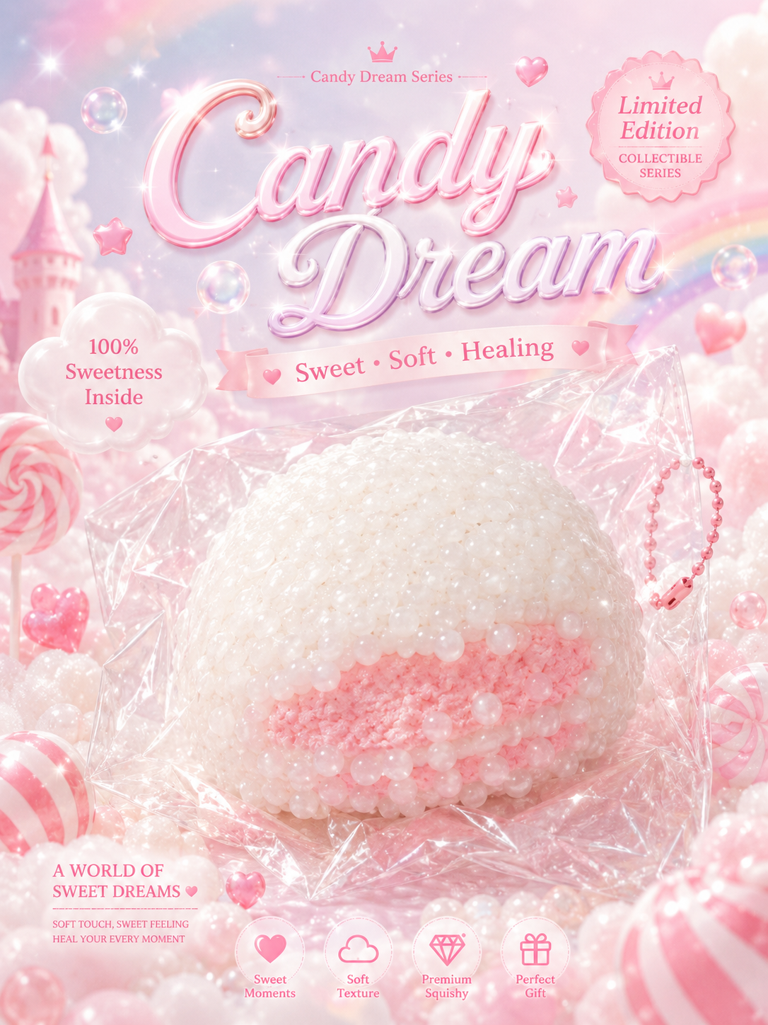 Candy Dream- Pearl rice Textured Pink Mochi Ball Squishy Toy