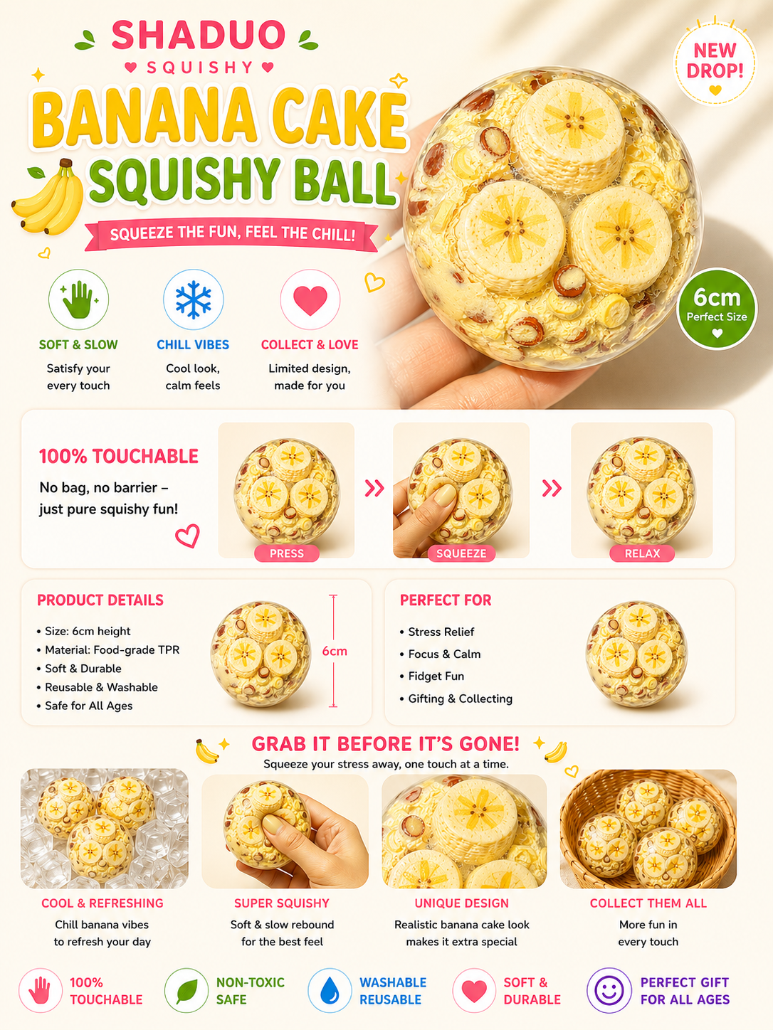 Touch Me Series -Handmade Soft Butter Banana Slice Orb Squishy ball