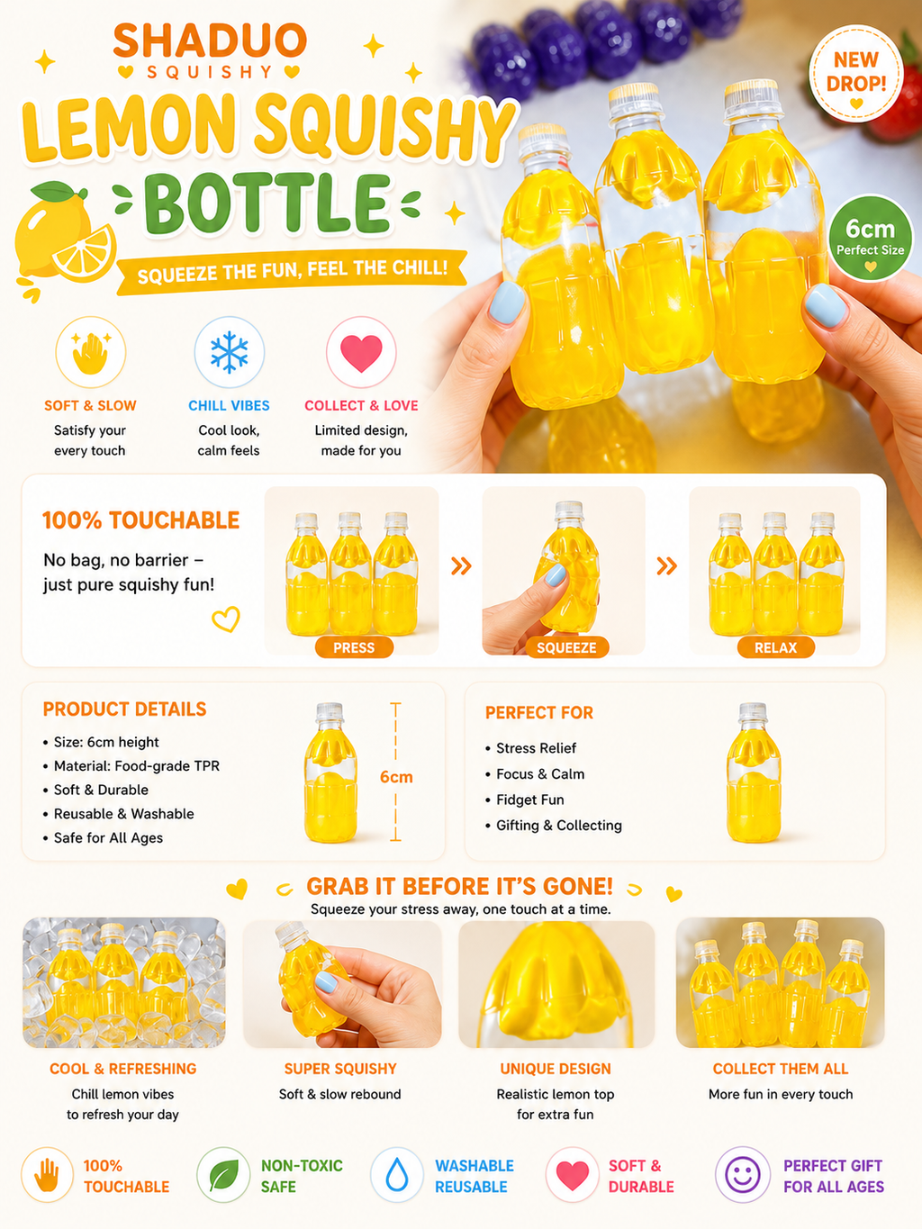 [Touch Me] Yellow Lemon Drink Bottle Gel Squishy (coconut oil texture)