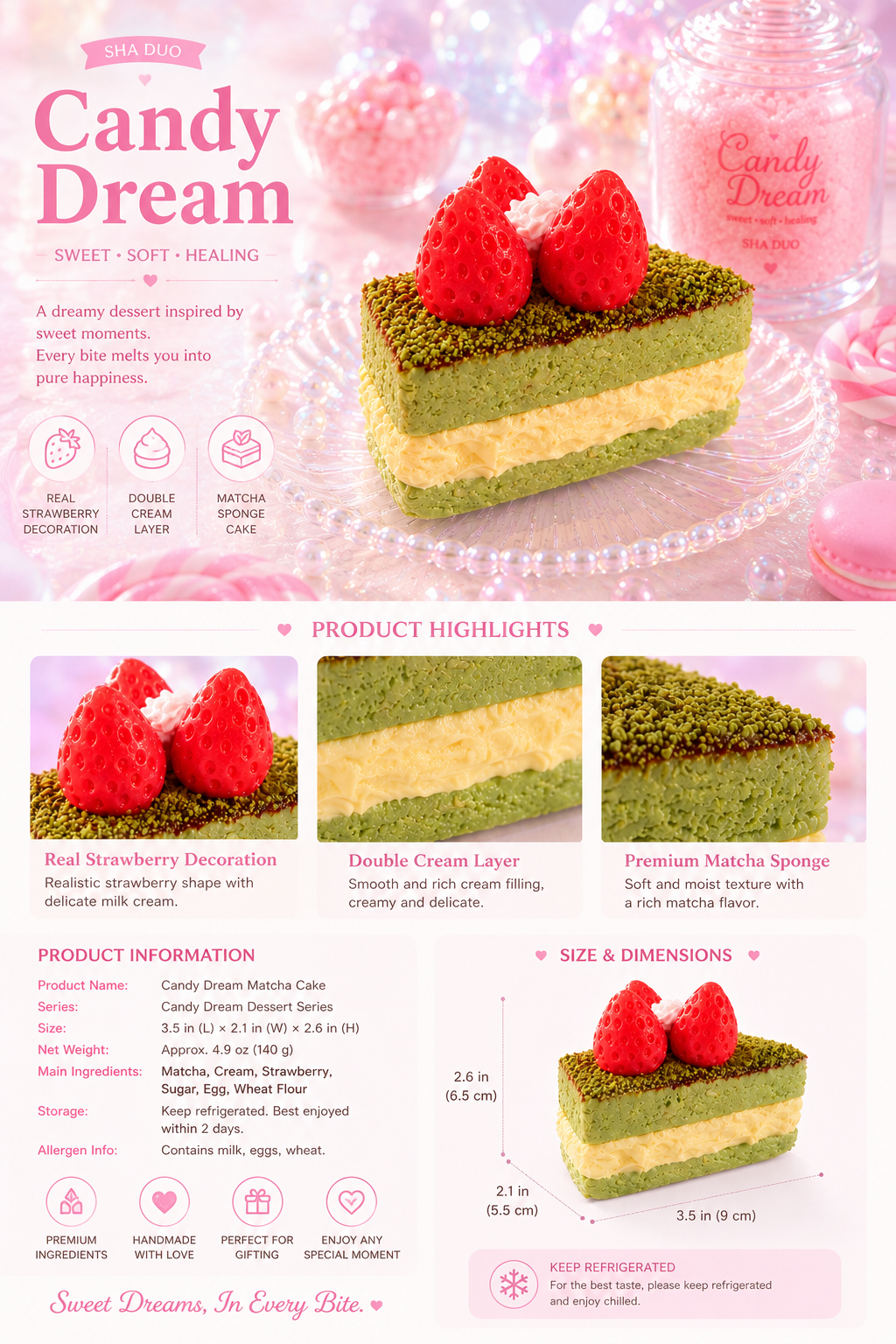 [Candy Dream] Strawberry Matcha Cream Cake Squishy
