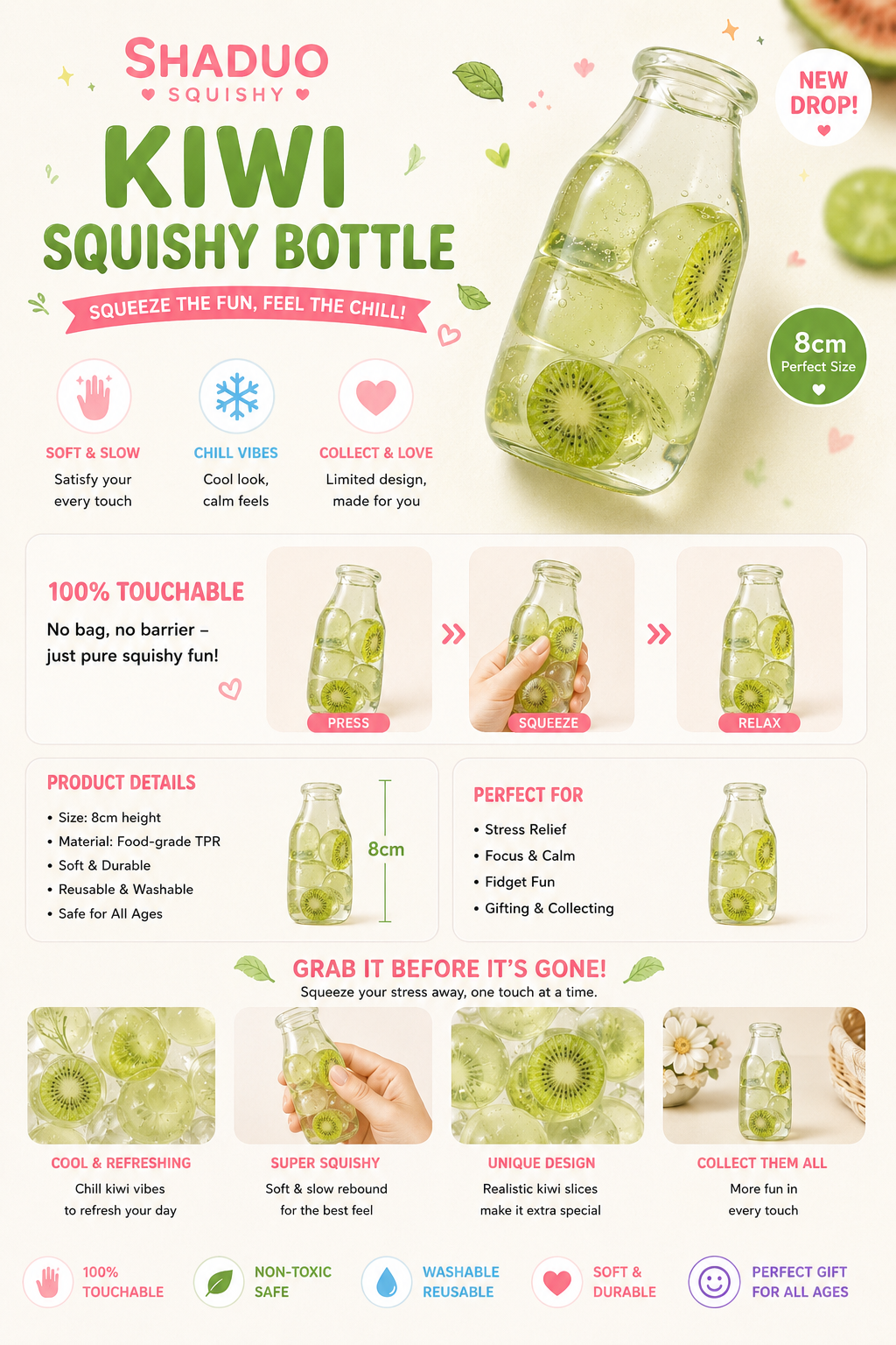 [Touch Me] Fresh Kiwi Slice Bottle Gel Squishy (Vaseline texture)