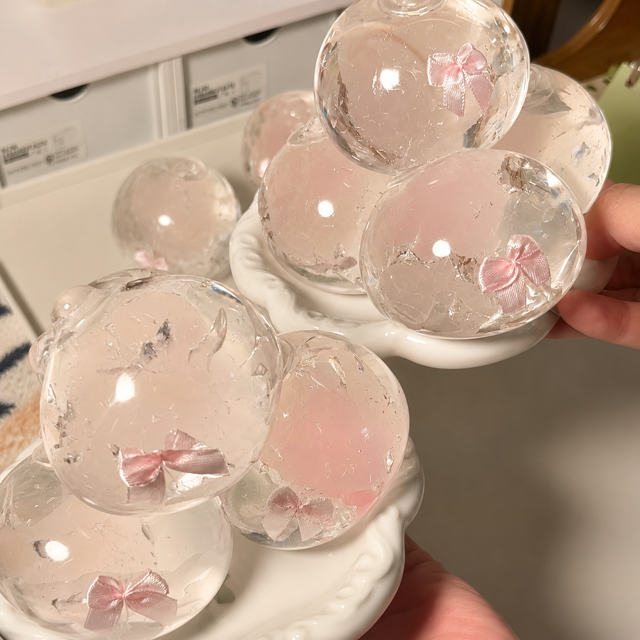 [Touch Me] Coquette Pink Ribbon Bow Clear Ball Squishy