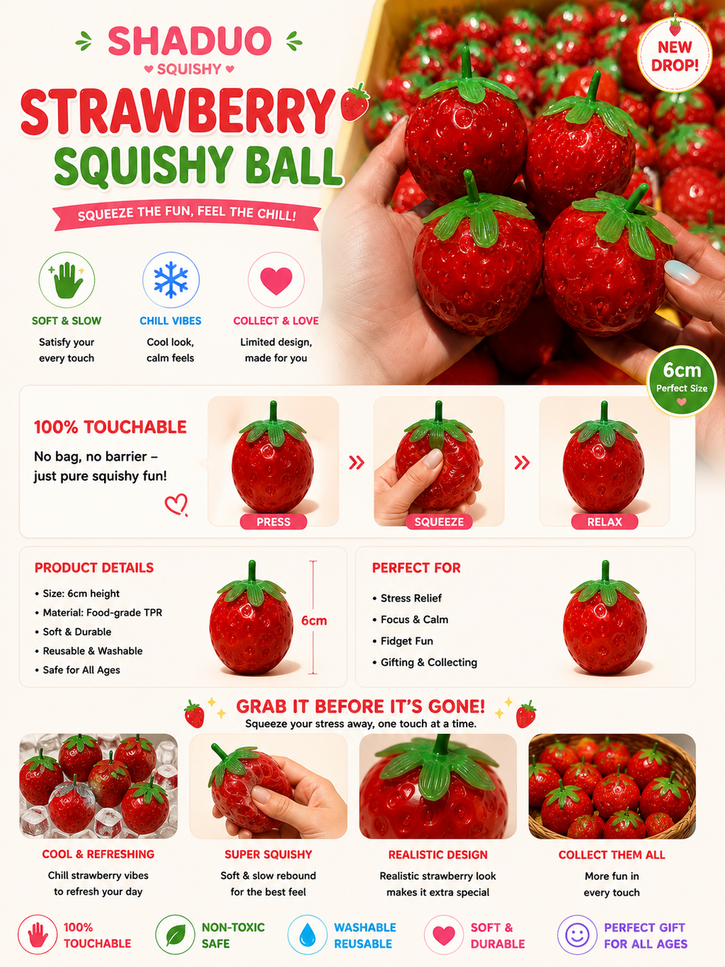 Touch Me Series - Glossy Red Strawberry Squishy(soft crunchy texture)