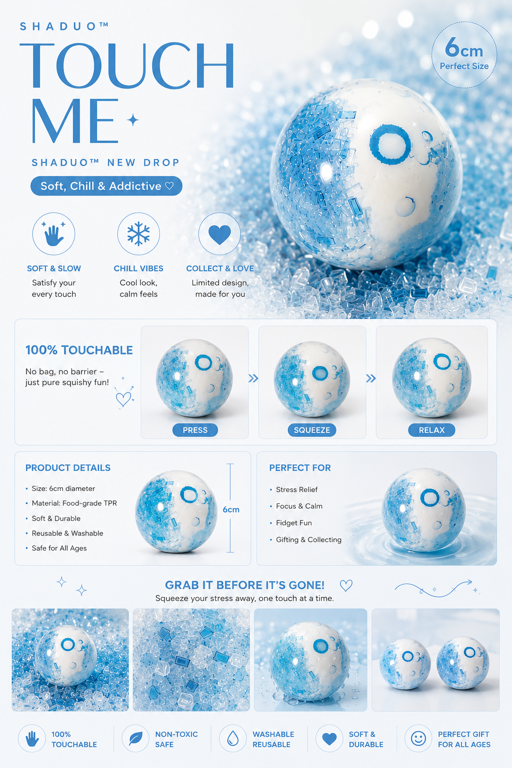[Touch Me] Ocean Ice & White Cloud Swirl Ball Squishy