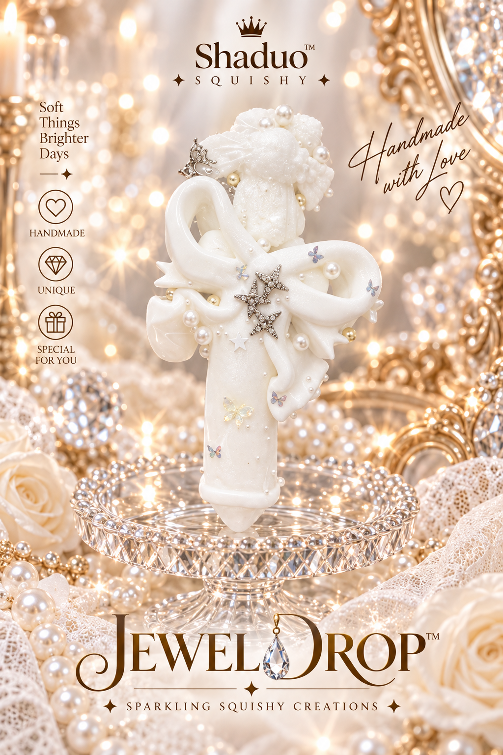 Jewel Drop Series - Pure White Bow & Star Jewel Ribbon Squishy