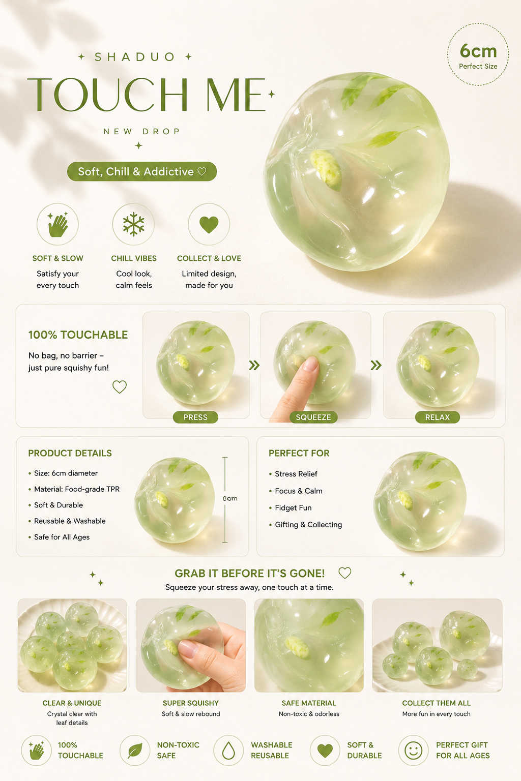 [Touch Me] Fresh Green Tea Leaf Crystal Ball Squishy
