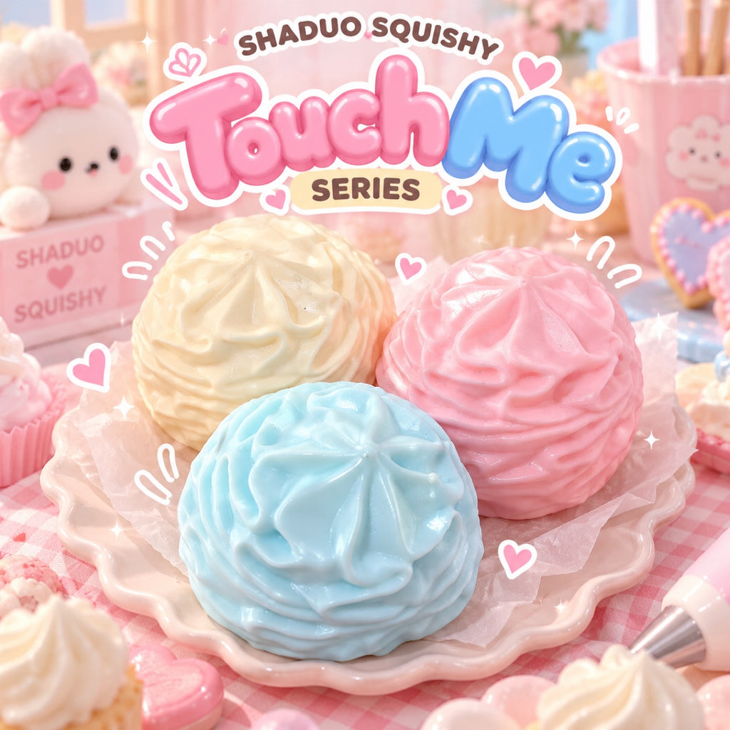 SHADUO Touch Me Series cream ball squishies in cream, pink and blue, soft crunchy sensory toys