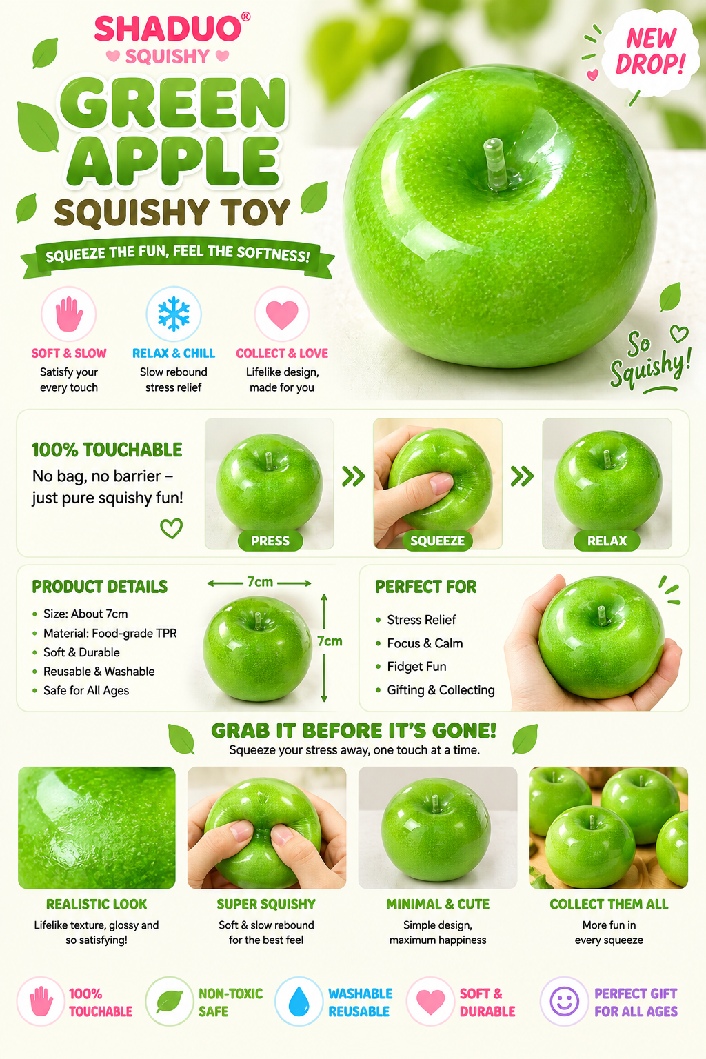 SHADUO Touch Me Series - big size Green Apple Jelly Squishy