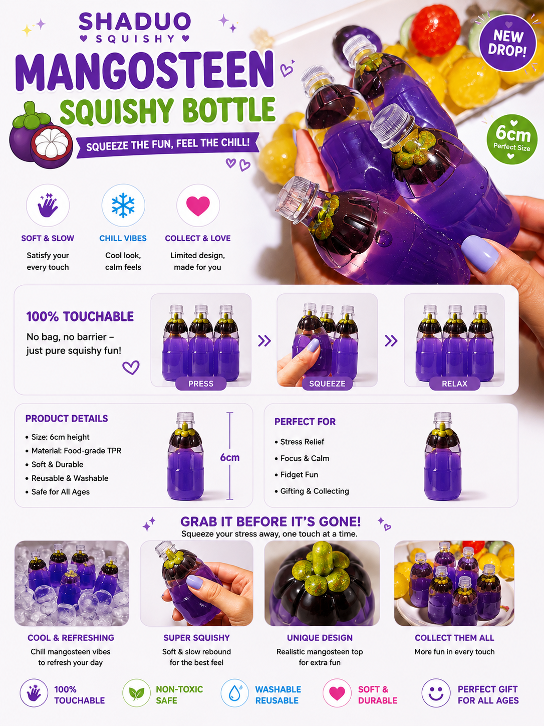 [Touch Me] Mangosteen Drink Bottle Gel Squishy (coconut oil texture)