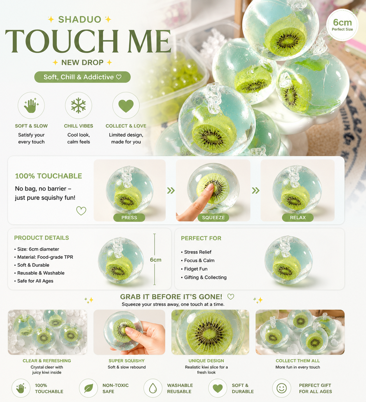 [Touch Me] Fresh Kiwi Slice Crystal Gel Ball Squishy