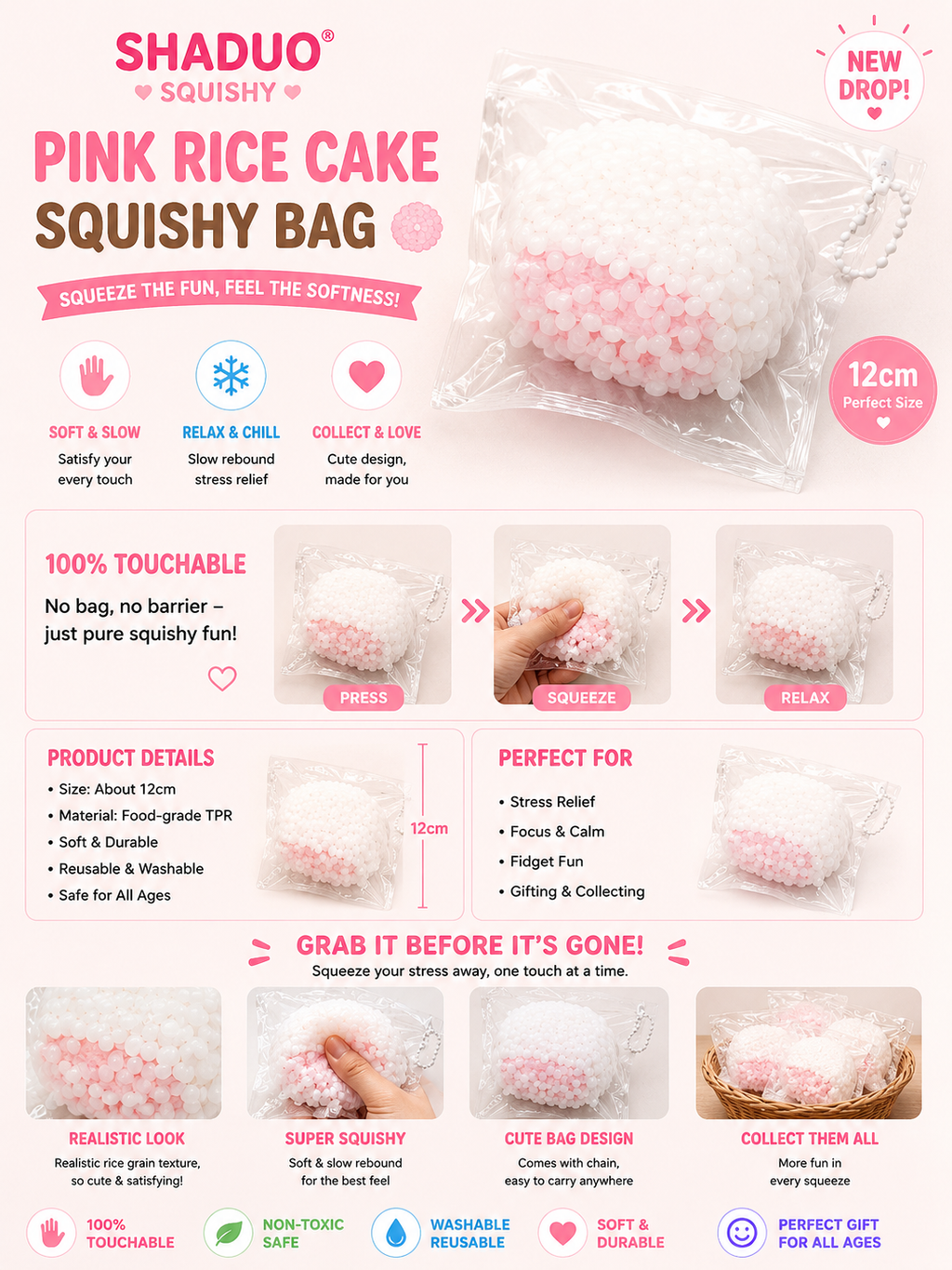 Candy Dream- Pearl rice Textured Pink Mochi Ball Squishy Toy