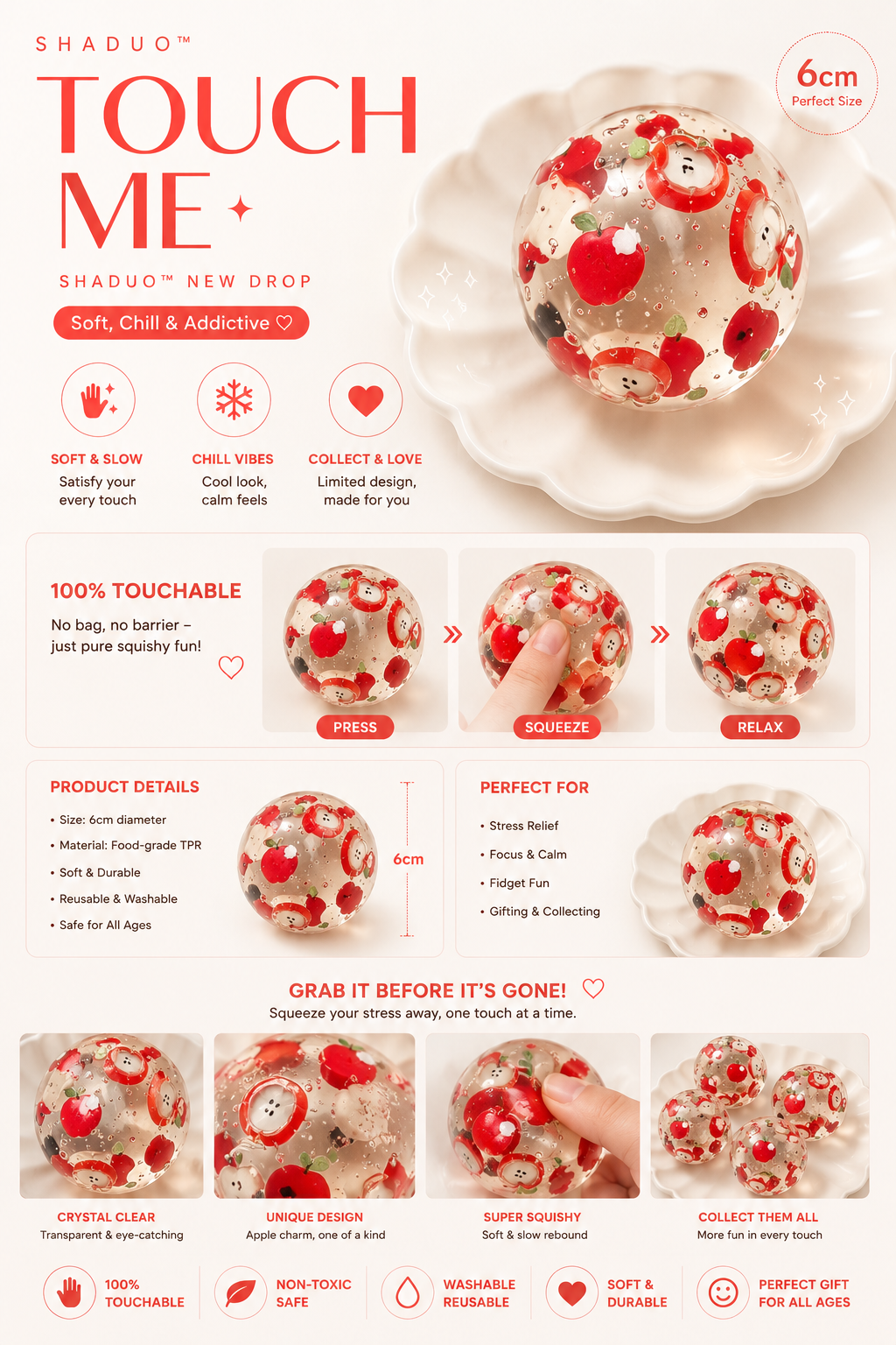 [Touch Me] Red Apple Slice Clear Crystal Ball Squishy