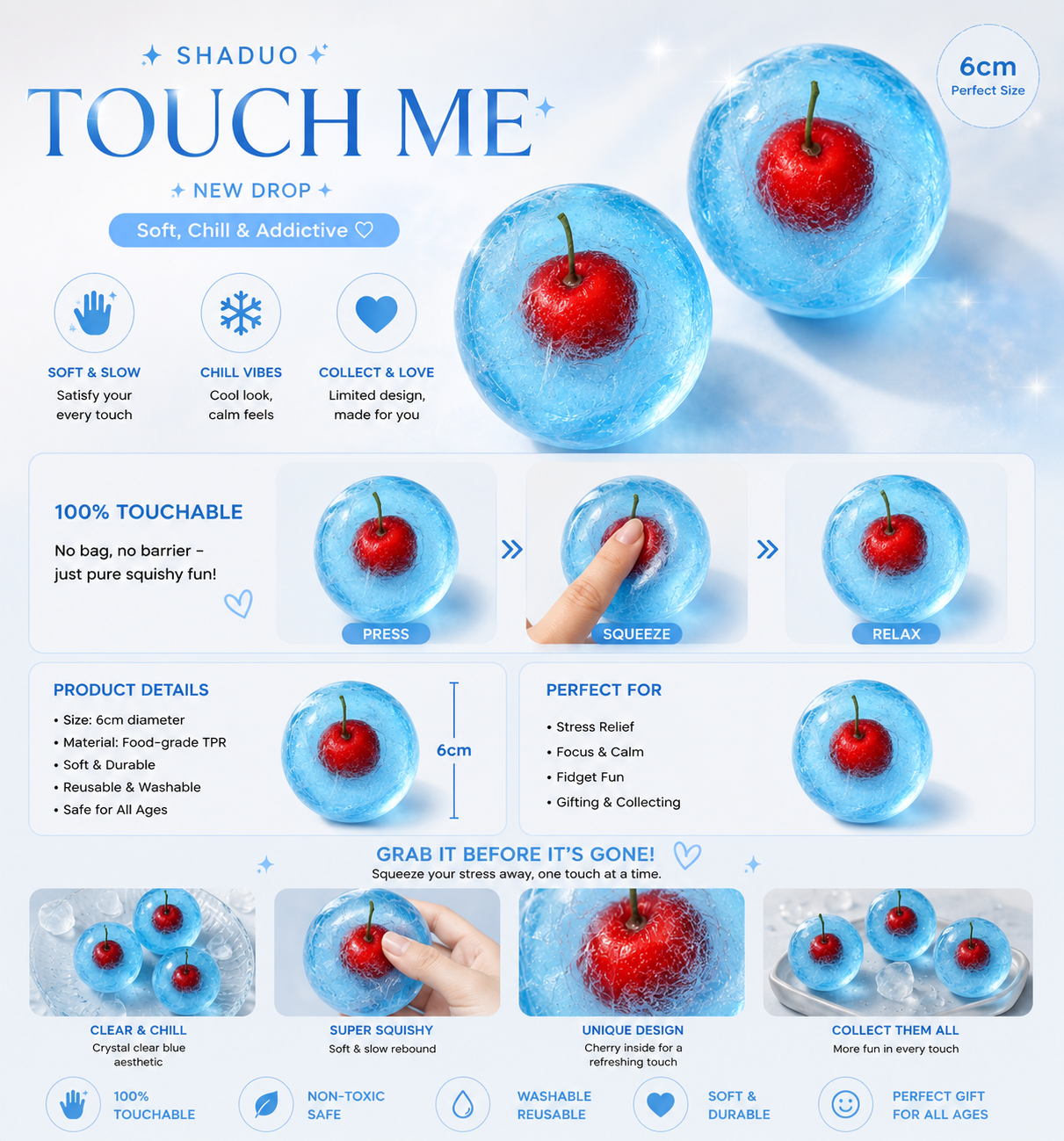 [Touch Me] Frosted Ice Blue Cherry Crystal Ball Squishy