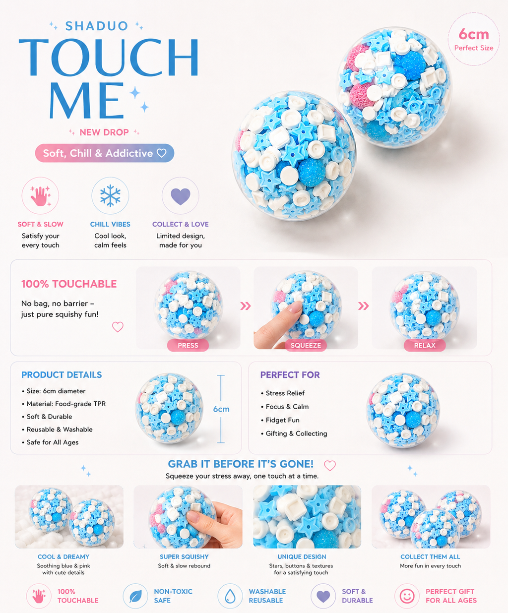 [Touch Me] Sky Blue & Baby Pink Sprinkle Ball Squishy