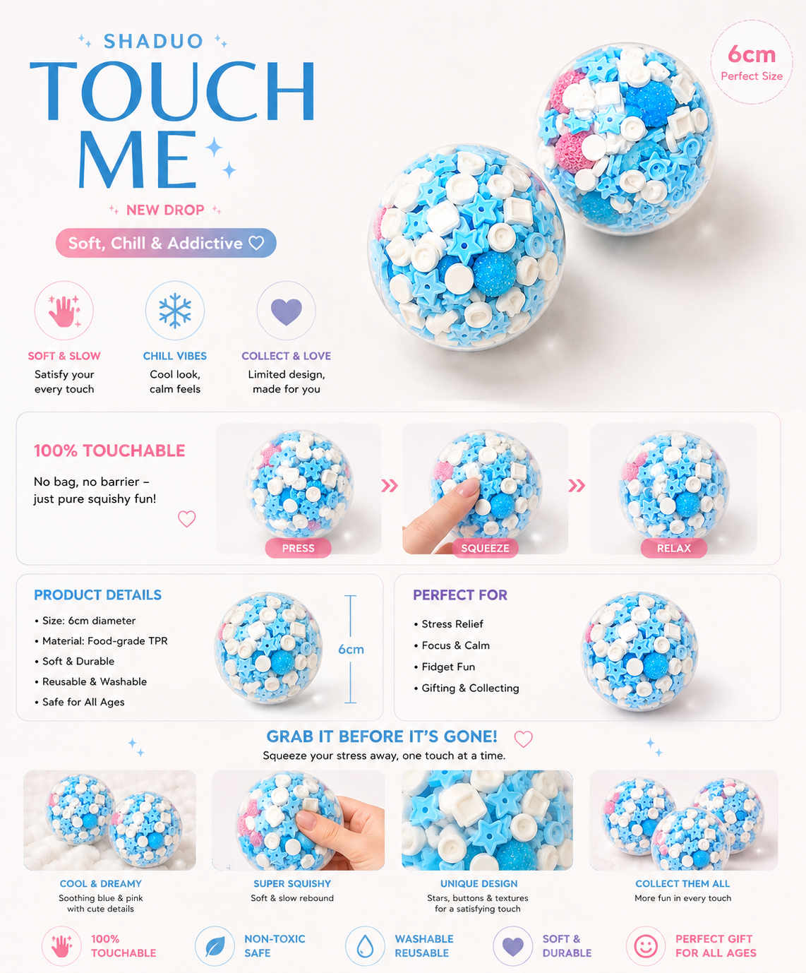 [Touch Me] Sky Blue & Baby Pink Sprinkle Ball Squishy