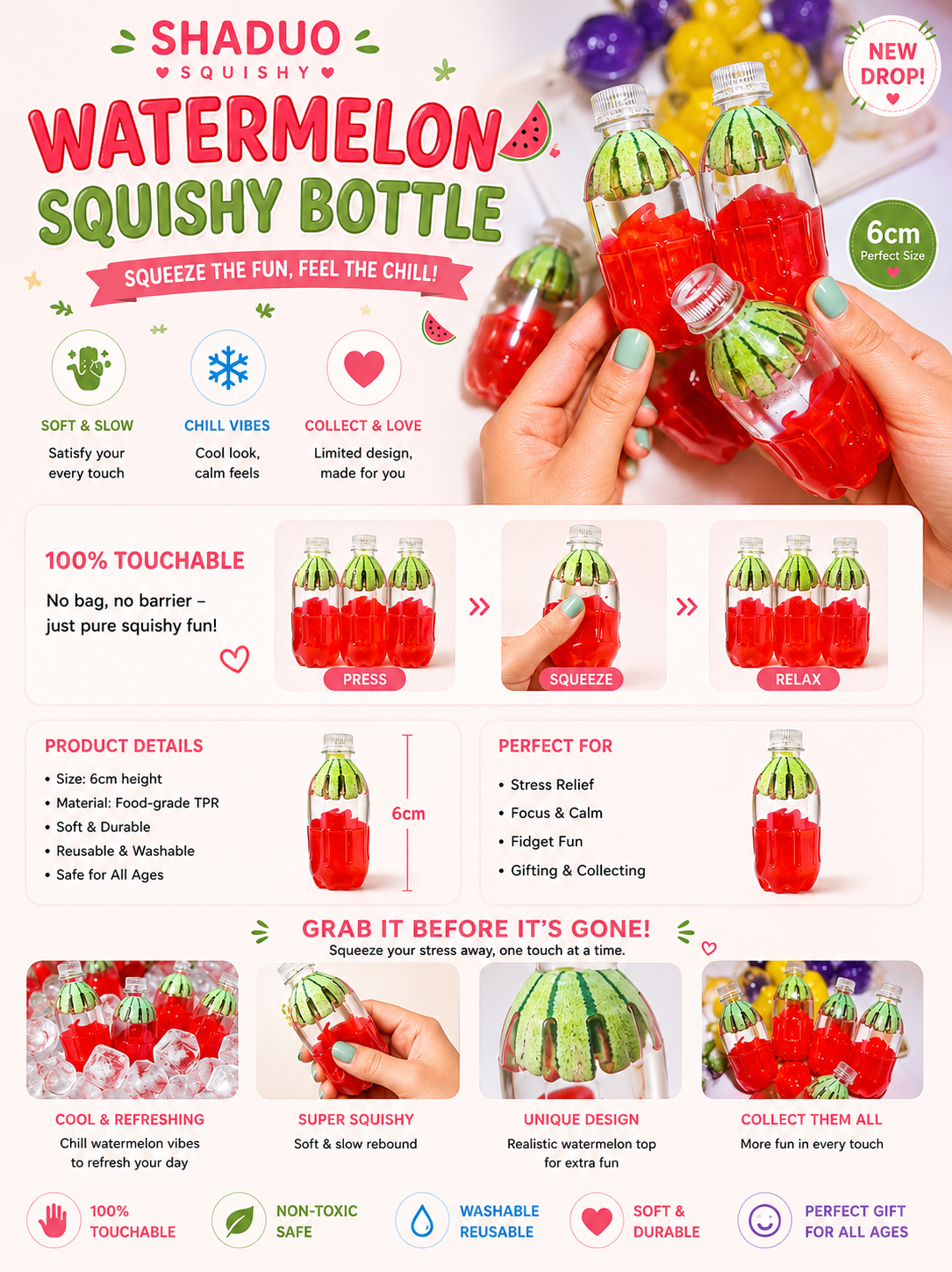 [Touch Me] Watermelon Drink Bottle Gel Squishy (coconut oil texture)