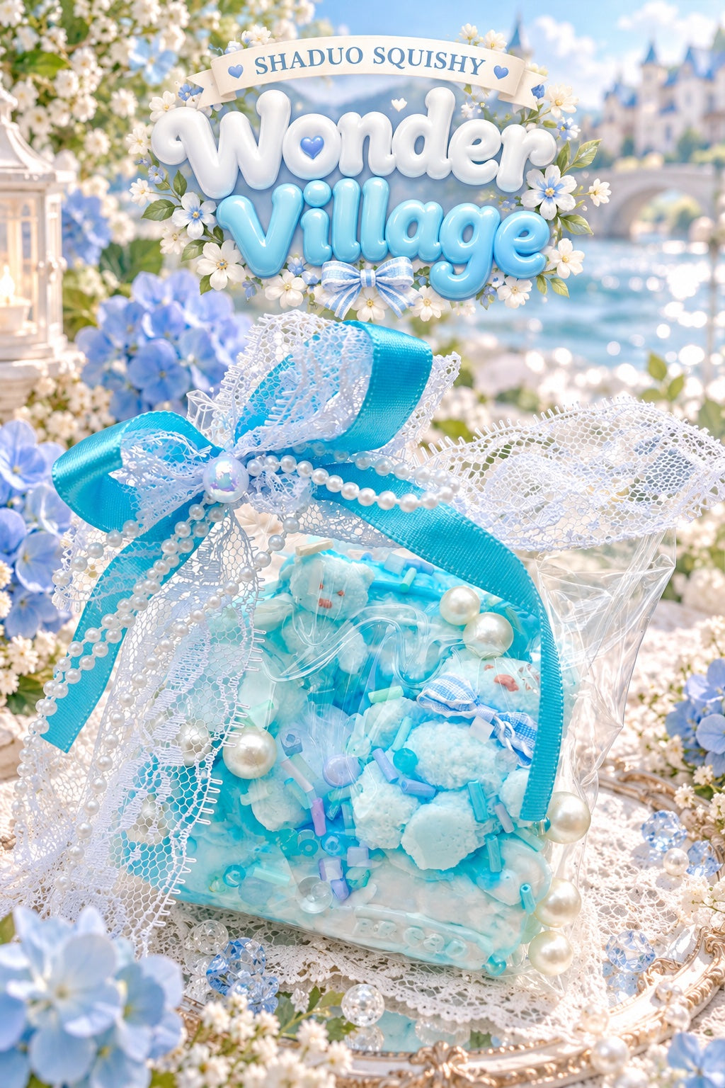 SHADUO SQUISHY Wonder Village Sky Blue Pearl Squishy Bag - Bear style