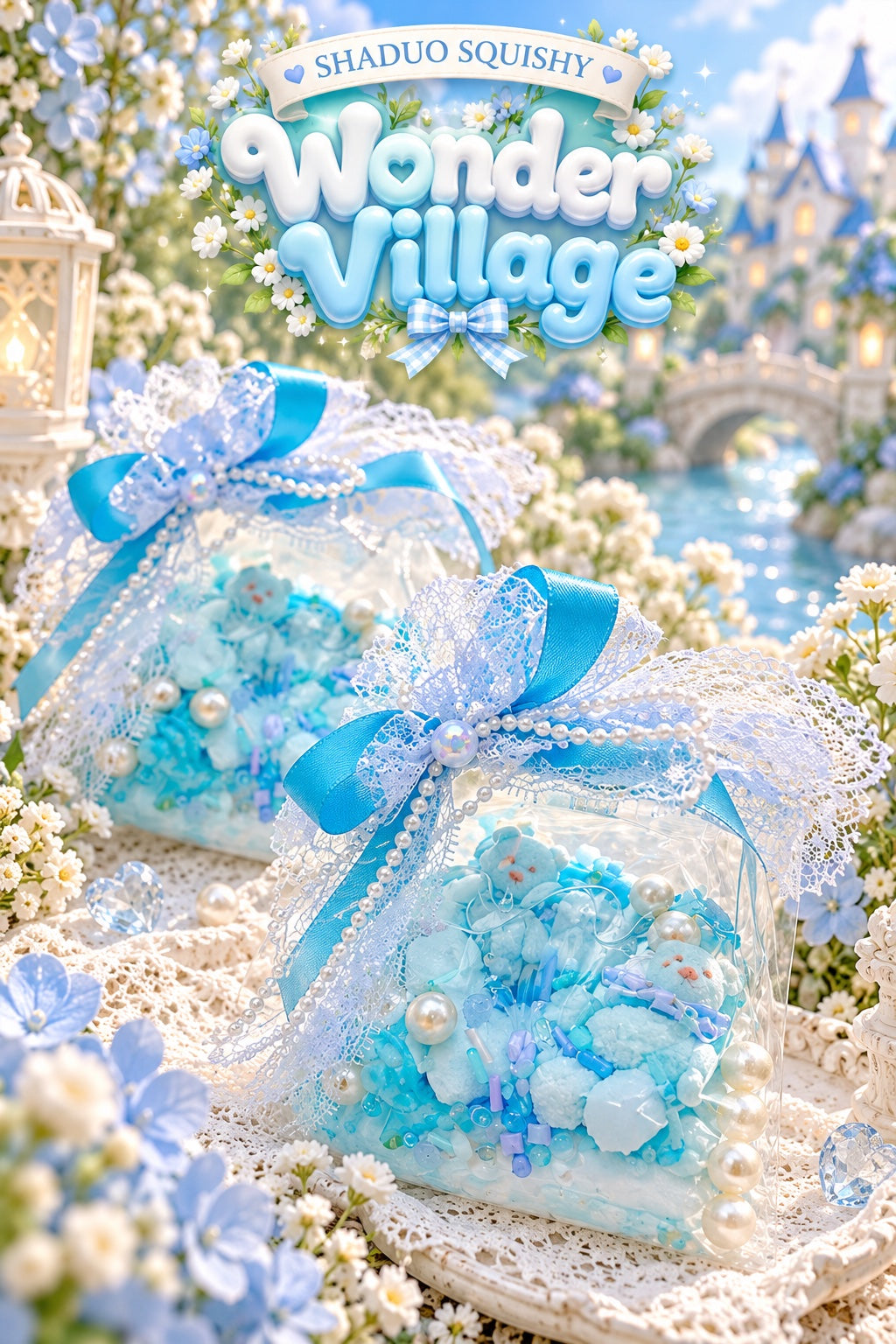 SHADUO SQUISHY Wonder Village Sky Blue Pearl Squishy Bag - Bunny and Bear styles shown together in lace-and-ribbon gift bags