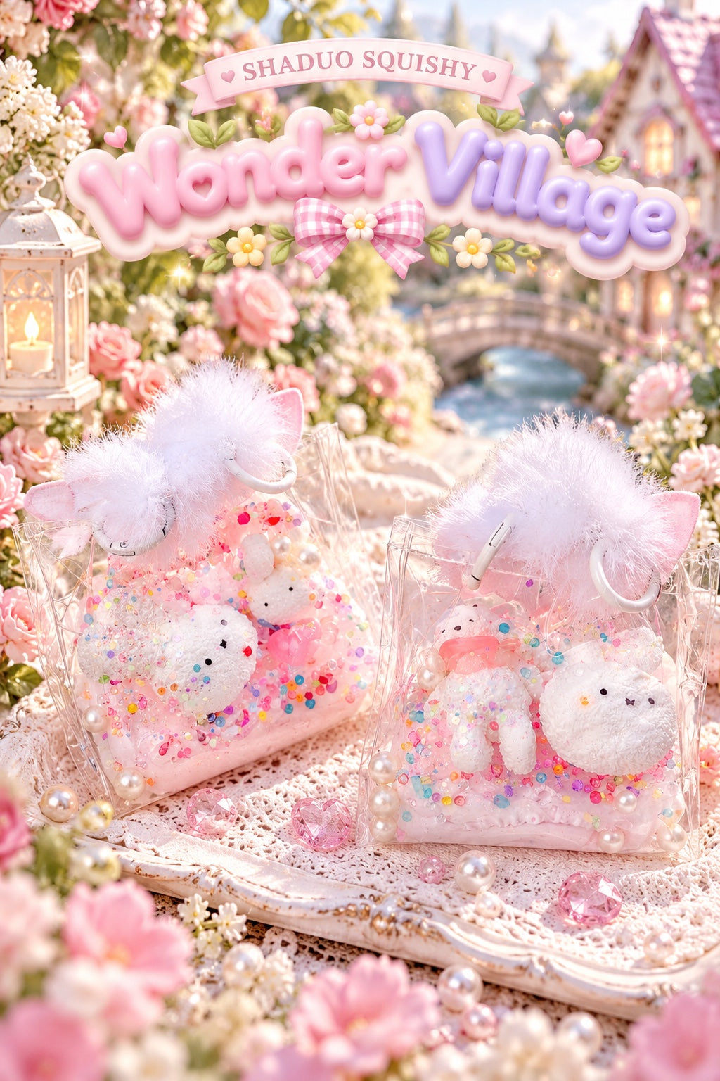 SHADUO SQUISHY Wonder Village Pink Pom-Pom Squishy Tote Bag - Bunny and Bear styles shown together in clear tote bags with fluffy pom-pom handles