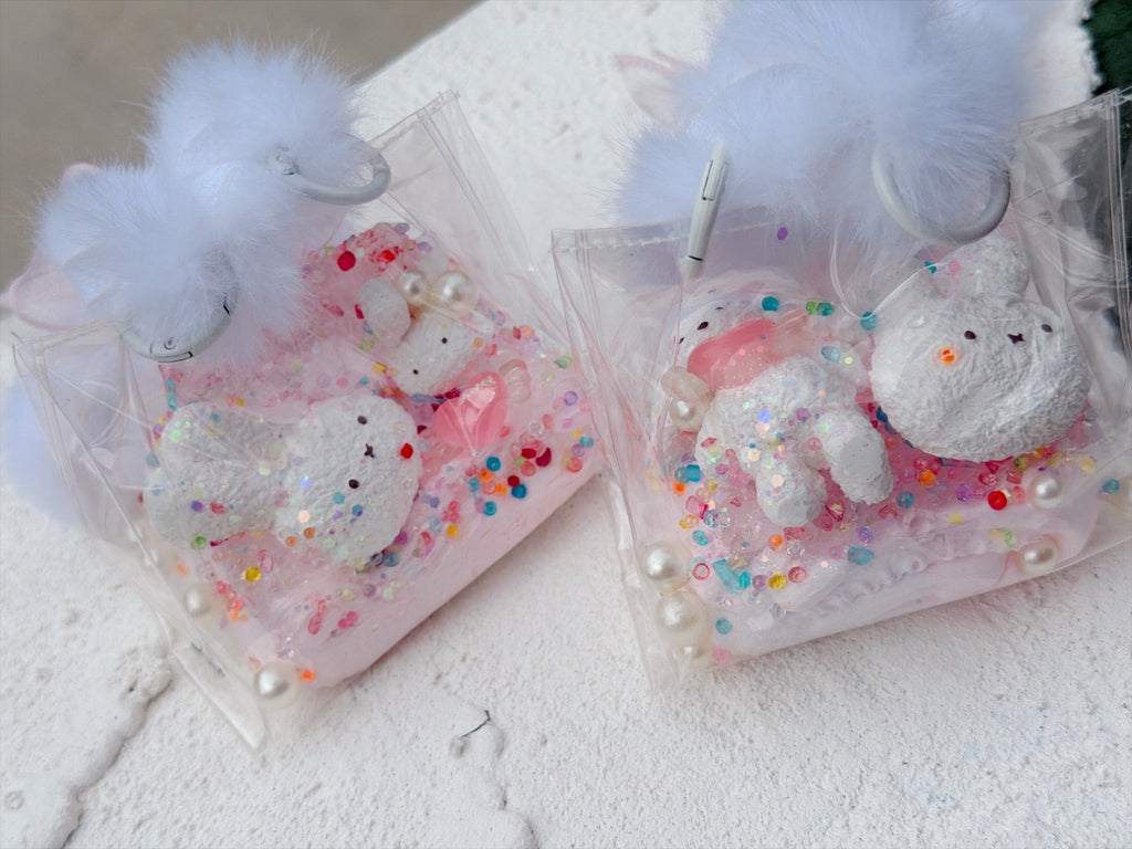 SHADUO SQUISHY Wonder Village Pink Pom-Pom Squishy Tote Bag - Bunny and Bear styles side by side, real product photo
