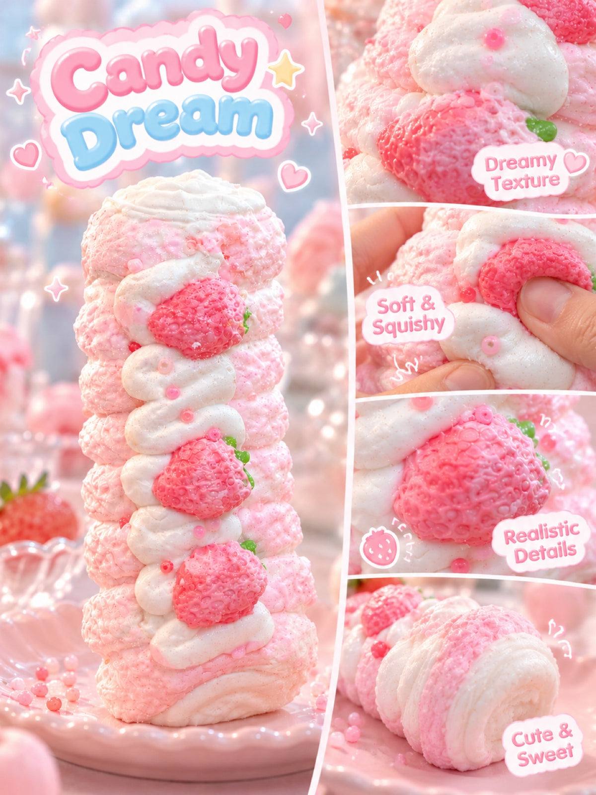 Candy Dream Strawberry Roll Squishy detail views