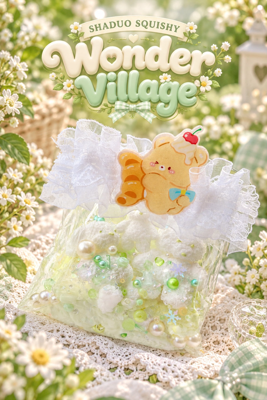 SHADUO SQUISHY Wonder Village Butter Bear Cloud Squishy Bag - gift bag with white cloud squishies, green beads, pearls, lace bow and butter bear charm