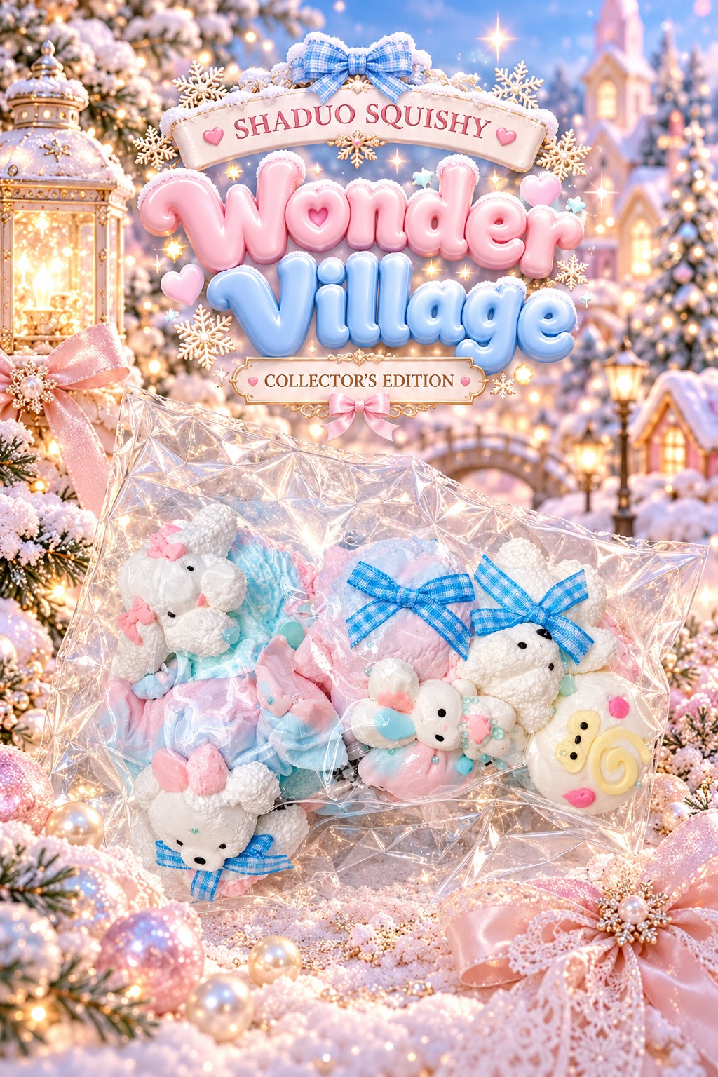 SHADUO SQUISHY Wonder Village Collector's Edition Bunny & Bear Squishy Set - bunnies and bears with blue gingham bows and swirl candy