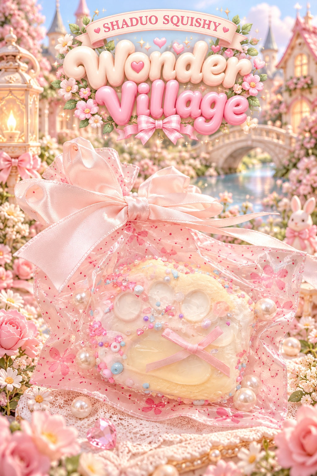 SHADUO SQUISHY Wonder Village Sakura Paw Squishy Bag - cream cat paw squishy in pink sakura gift bag with satin bow