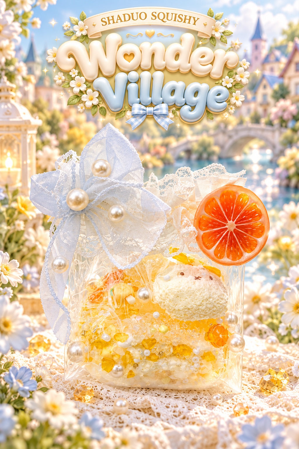 SHADUO SQUISHY Wonder Village Citrus Squishy Bag - gift bag with cream squishy, amber crystals, orange-slice charm, lace and pearl bow