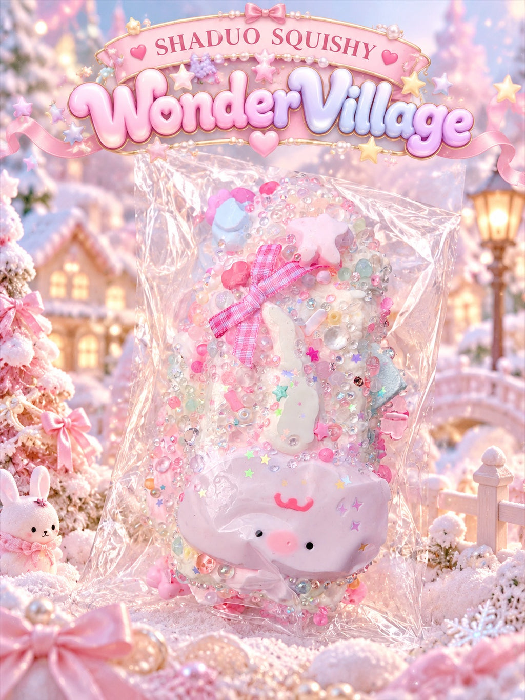 SHADUO SQUISHY Wonder Village Collector's Edition Pink Glitter Bunny Squishy - tall pink glitter bunny squishy with gingham bow