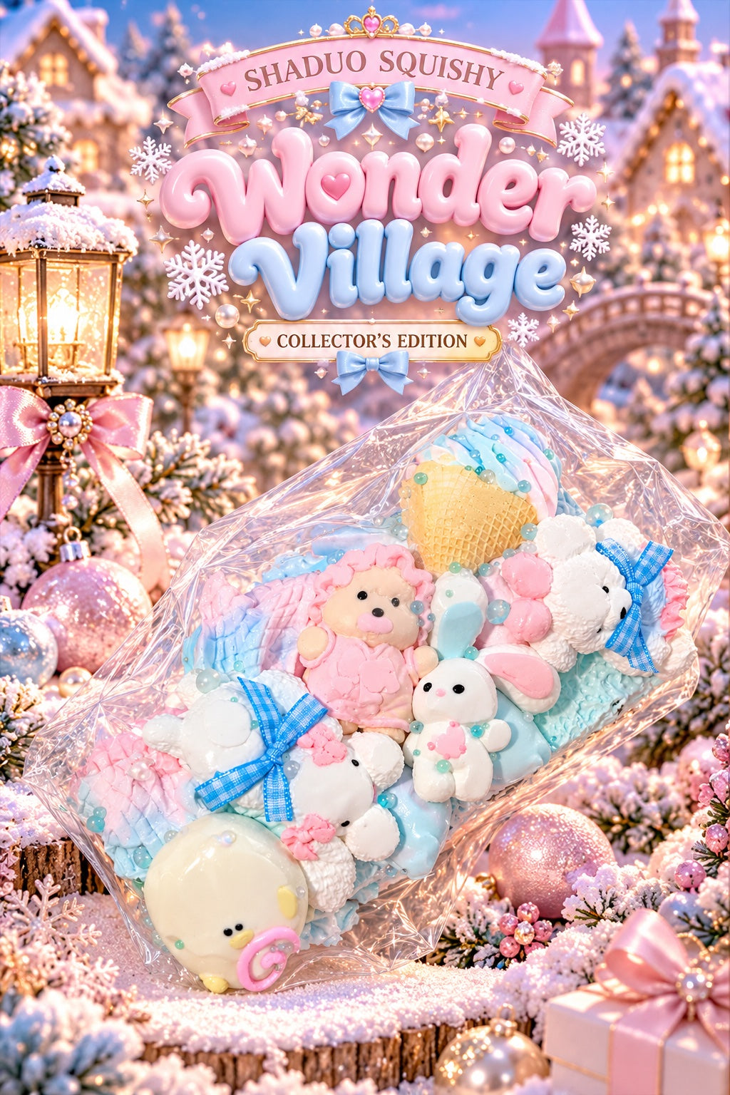 SHADUO SQUISHY Wonder Village Collector's Edition Ice Cream Party Squishy Set - lamb, bunnies, chick and bears around ice cream cone