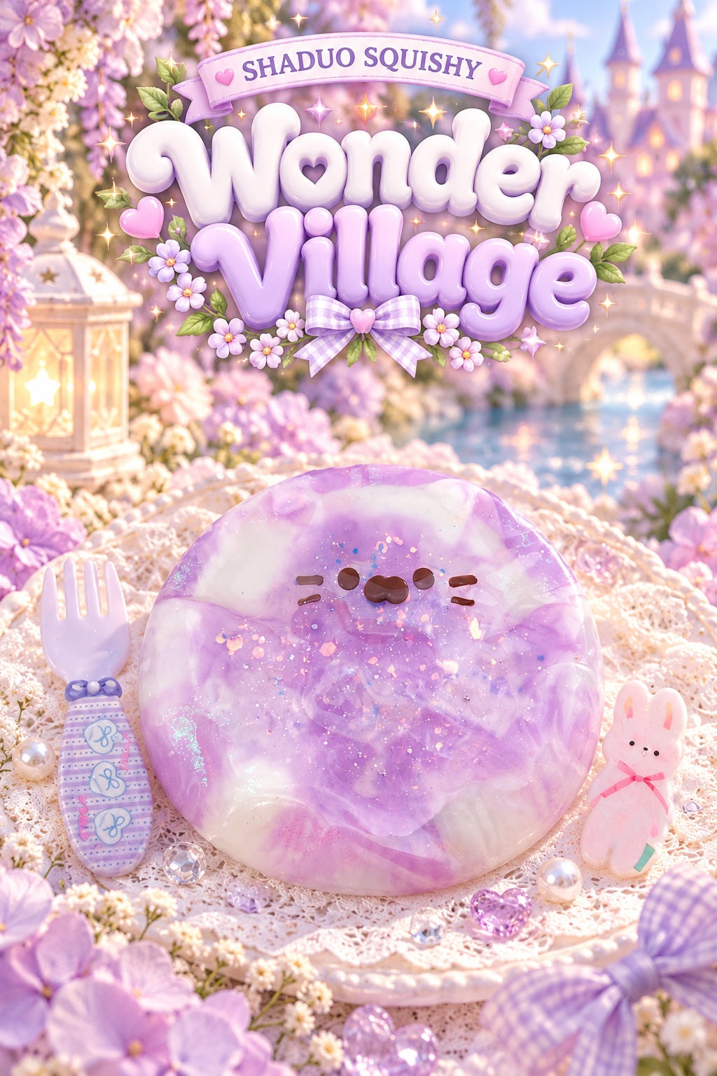 SHADUO SQUISHY Wonder Village Lavender Marble Cat Squishy - lavender and white marble cat squishy disc with glitter