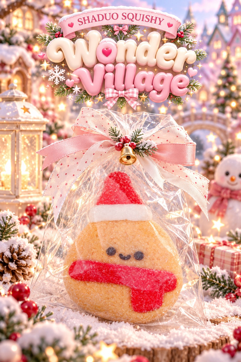 SHADUO SQUISHY Wonder Village Santa Mochi Squishy - tan mochi squishy with Santa hat and red scarf in gift bag
