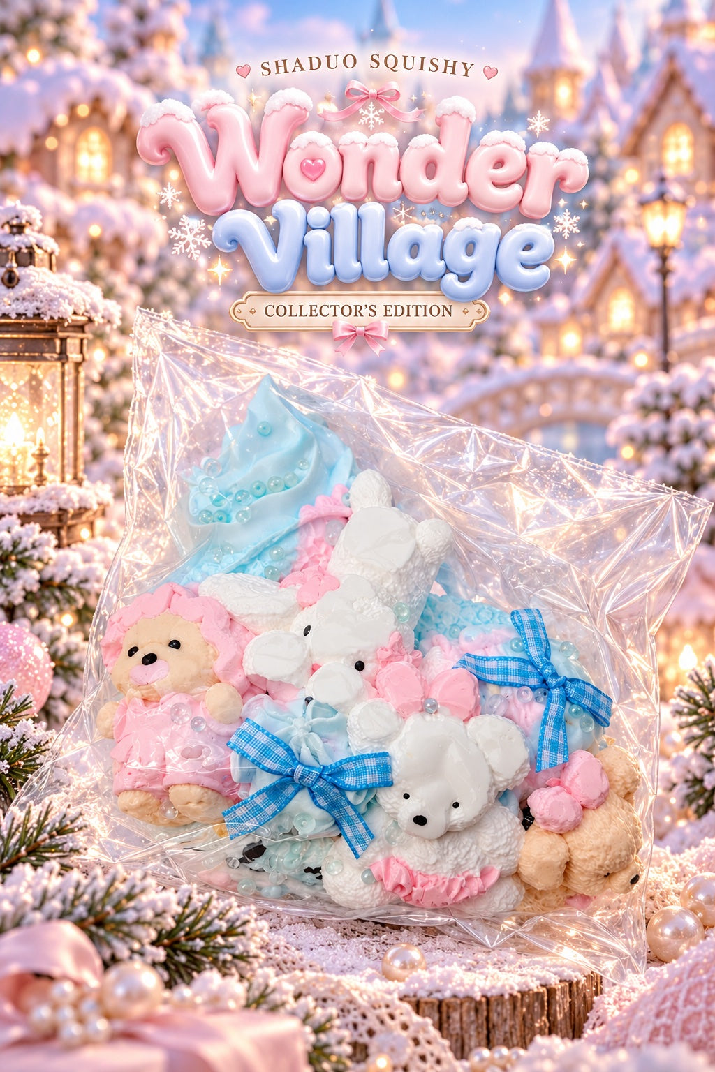 SHADUO SQUISHY Wonder Village Collector's Edition Bear Party Squishy Set - mini bears with blue swirl cone and gingham bows