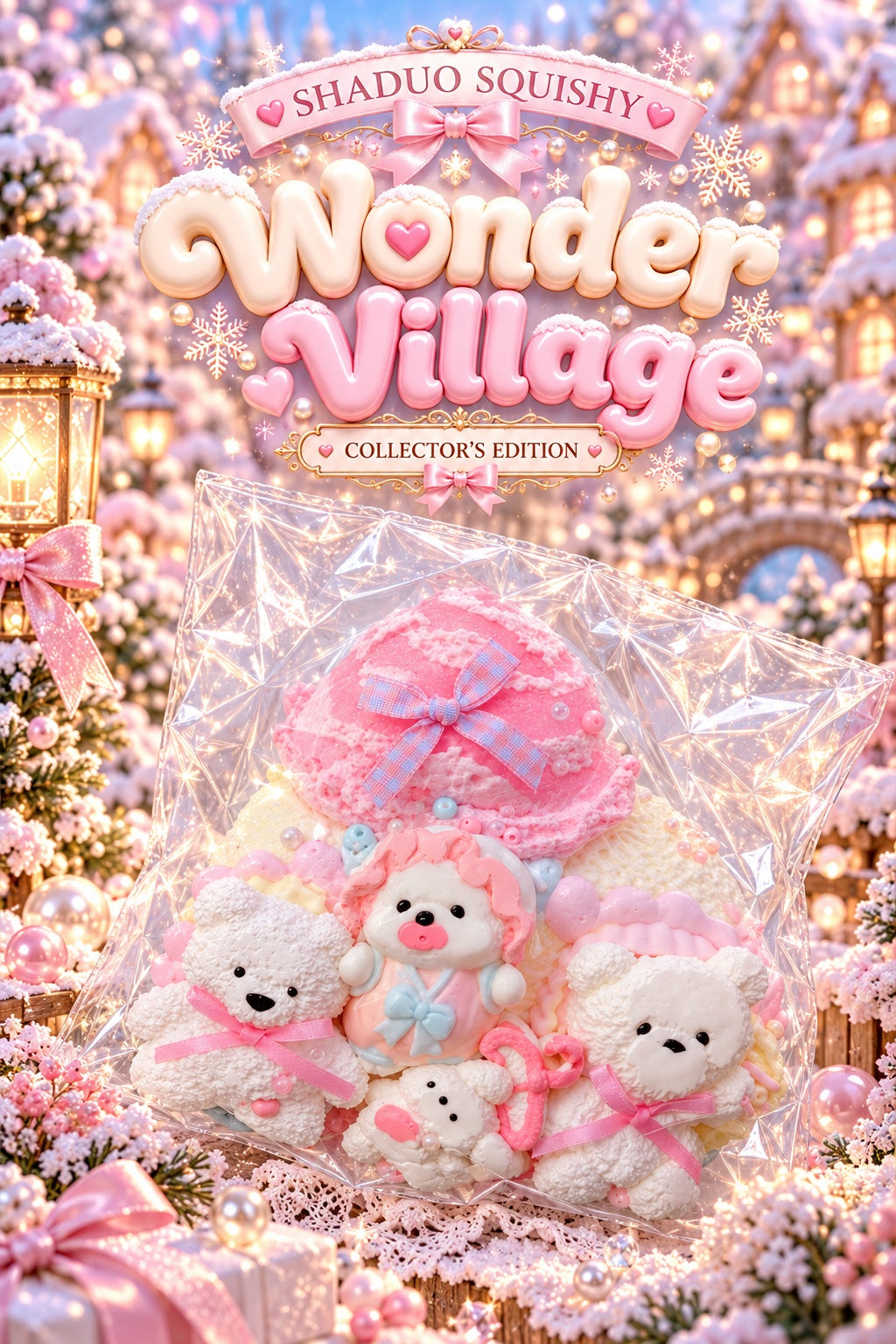 SHADUO SQUISHY Wonder Village Collector's Edition Pink Hat Bear Squishy - three bears and doll under pink gingham-bow hat