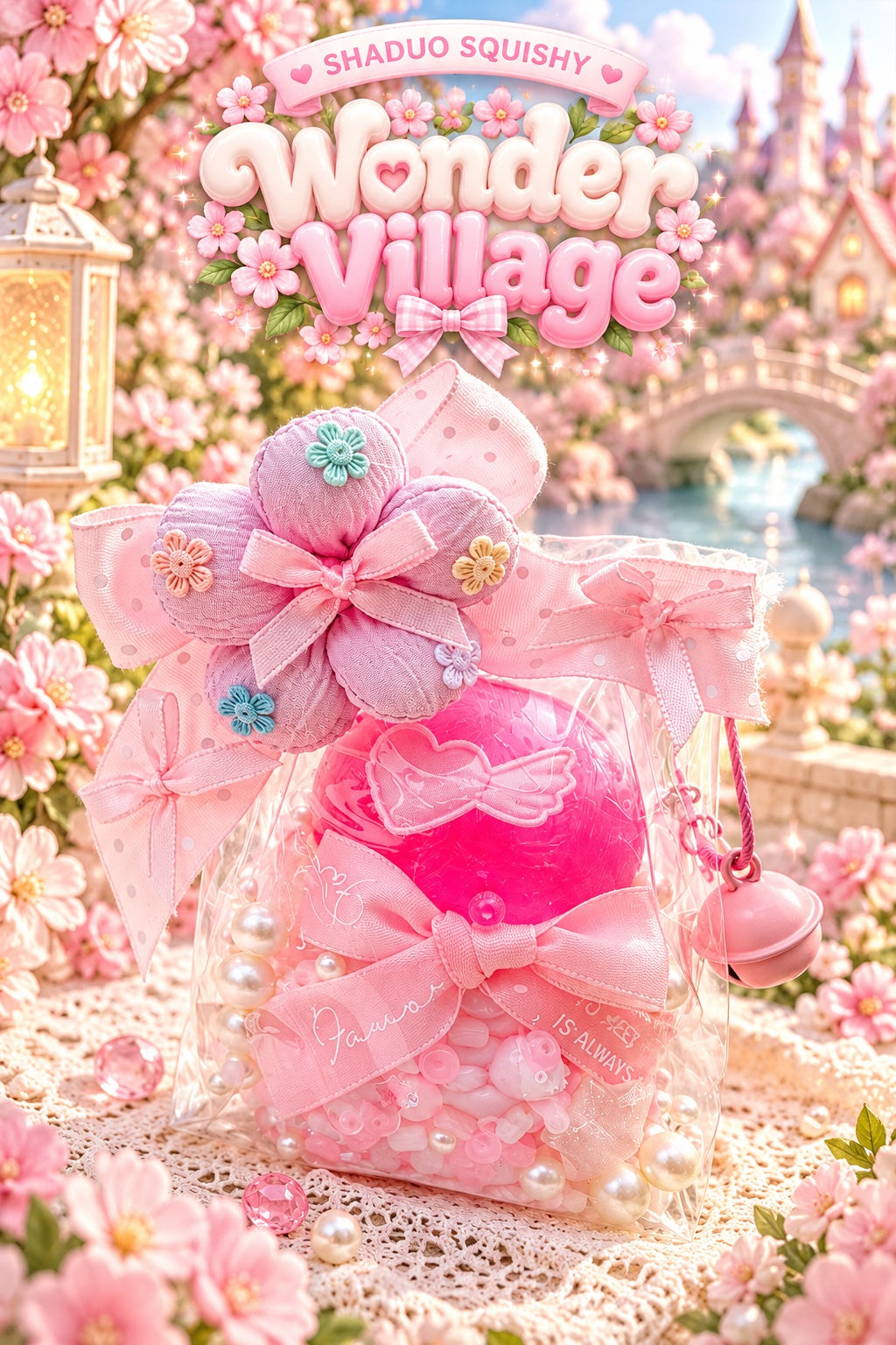SHADUO SQUISHY Wonder Village Pink Blossom Squishy Bag - gift bag with big hot-pink squishy ball, fabric flower, ribbons and bell charm