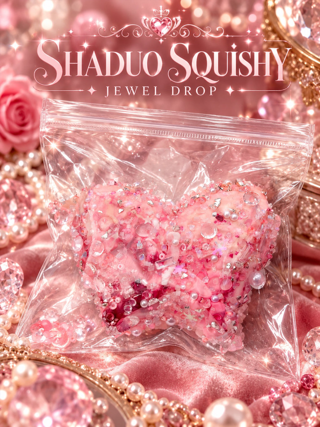 SHADUO SQUISHY Jewel Drop Crystal Pink Heart Squishy - pink heart squishy encrusted with crystals, gems and pearls